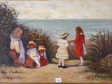 tableau représentant un groupe d'enfants debout sur une plage au bord de la mer