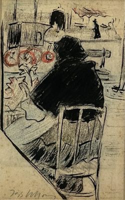 drawing of a woman sitting at a table with flowers in front of her