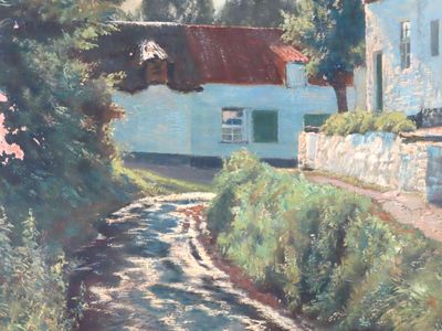 un tableau représentant une route de campagne avec une maison en arrière-plan