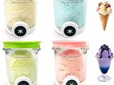 four different flavors of ice cream in a blender with a scoop of ice cream in it