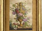 tableau représentant un vase avec des fleurs et des fruits posé sur une table