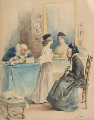 tableau représentant une femme assise à une table avec deux hommes et une femme
