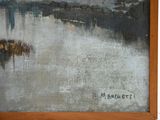 a painting of a boat on the water with a sky in the background