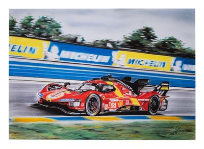painting of a racing car on a track with trees in the background
