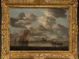 a painting of boats in a body of water with a castle in the background