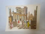 a painting of a group of people walking down the street