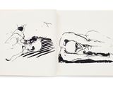 an open book with a drawing of a person on a horse