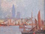 a painting of a harbor scene with boats on the water