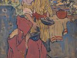 painting of a man and a woman sitting at a table with pots and pans
