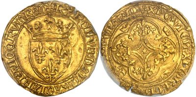 a gold coin with a crown on the front and a shield on the back