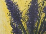 a painting of purple flowers in a vase on a table