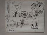a black and white drawing of a man and a dog