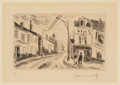 dessin représentant deux personnes marchant dans une rue devant un grand immeuble