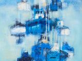 un tableau représentant des bateaux bleus flottant sur l'eau