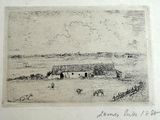 a drawing of a farm in the middle of a field