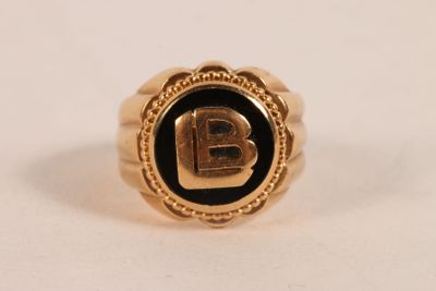 Bague chevalière en or jaune 750 ‰ à godrons, sertie d'une p… - Photo 1