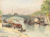 un tableau représentant des bateaux sur l'eau près d'un pont