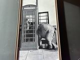 a picture of an elephant that is standing in front of a phone booth
