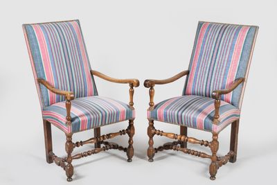 pair of early 20th century walnut armchairs with striped upholstered upholstered seats