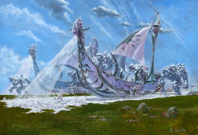 a painting of a boat in the middle of a field