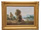 une peinture à l'huile représentant un paysage avec un château en arrière-plan
