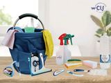 un sac contenant des produits d'entretien posé sur une table à côté d'une plante en pot