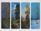 quatre tableaux représentant un paysage avec des arbres, une rivière et une route
