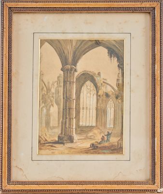 an old picture of a painting of a church with a man sitting on the ground