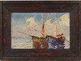une peinture à l'huile représentant un bateau sur l'eau, avec le ciel en arrière-plan