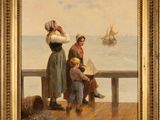 an image of a painting of a woman and two children on a pier