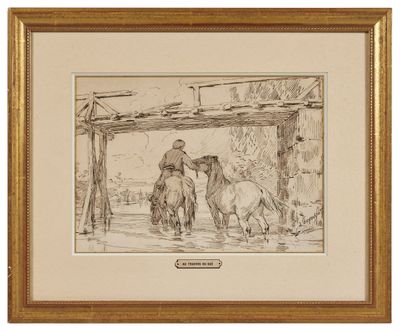 an image of a drawing of a man on a horse in a stable
