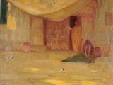 tableau représentant une femme en robe jaune assise devant un immeuble