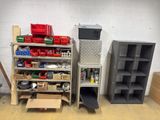 many shelves and bins in a room with a lot of boxes