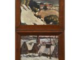 two paintings of a mountain scene with a house and a village