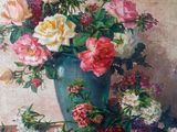 a painting of flowers in a blue vase on a table
