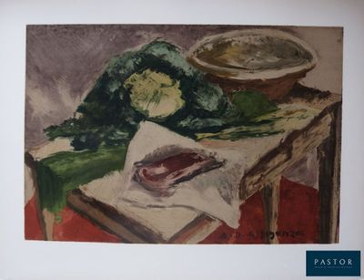 une photo d'un tableau représentant un poisson et des légumes posés sur une table
