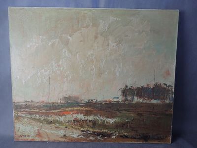 une peinture à l'huile d'un champ avec des arbres au loin