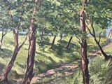 peinture représentant un sentier dans les bois, avec des arbres et de l'herbe