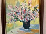 a painting of flowers in a vase on a table
