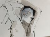 a drawing of a man laying on a bed