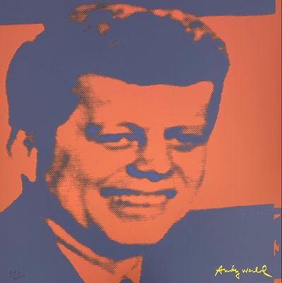 an orange and blue portrait of a man in a suit and tie