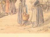 a drawing of a group of people standing in front of a building
