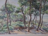 a picture of a painting of some trees on a hill