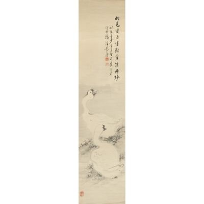 chinese scroll painting of a swan on a river