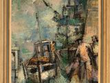 an image of a painting of a man standing next to a boat