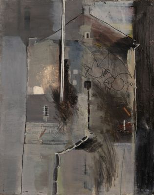 un tableau représentant un bâtiment surmonté d'une horloge