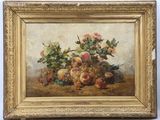 painting of a still life of fruit and flowers in a gold frame