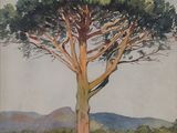 un tableau représentant un arbre dans un champ, avec des montagnes en arrière-plan