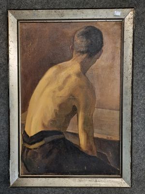 tableau représentant un homme assis par terre, de dos à l'appareil photo