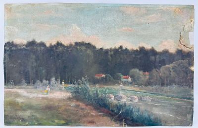 un tableau représentant des bateaux sur l'eau, près d'une forêt